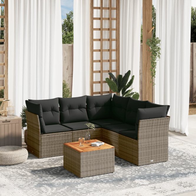6-tlg. Garten-Sofagarnitur mit Kissen Schwarz Poly Rattan