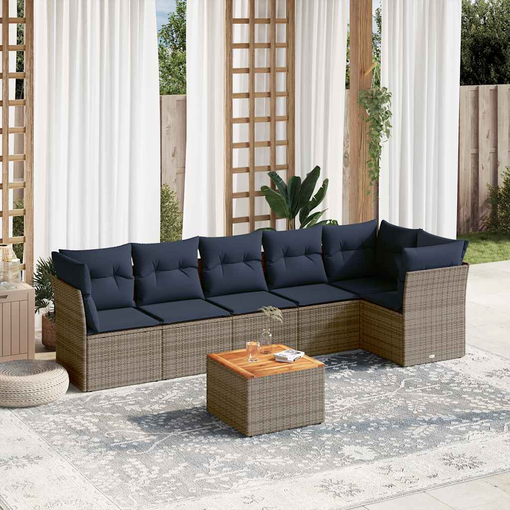 7-tlg. Garten-Sofagarnitur mit Kissen Grau Poly Rattan