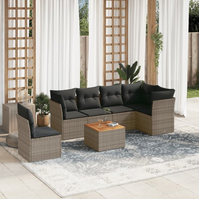 7-tlg. Garten-Sofagarnitur mit Kissen Schwarz Poly Rattan