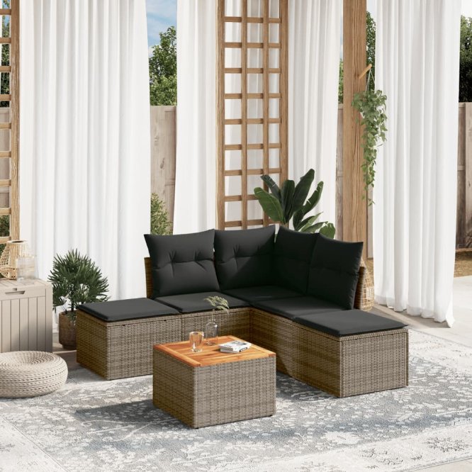 6-tlg. Garten-Sofagarnitur mit Kissen Schwarz Poly Rattan
