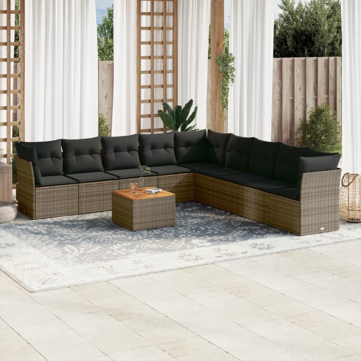 vidaXL 10-tlg. Garten-Sofagarnitur mit Kissen Schwarz Poly Rattan