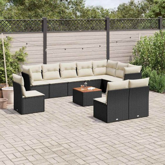 11-tlg. Garten-Sofagarnitur mit Kissen Schwarz Poly Rattan