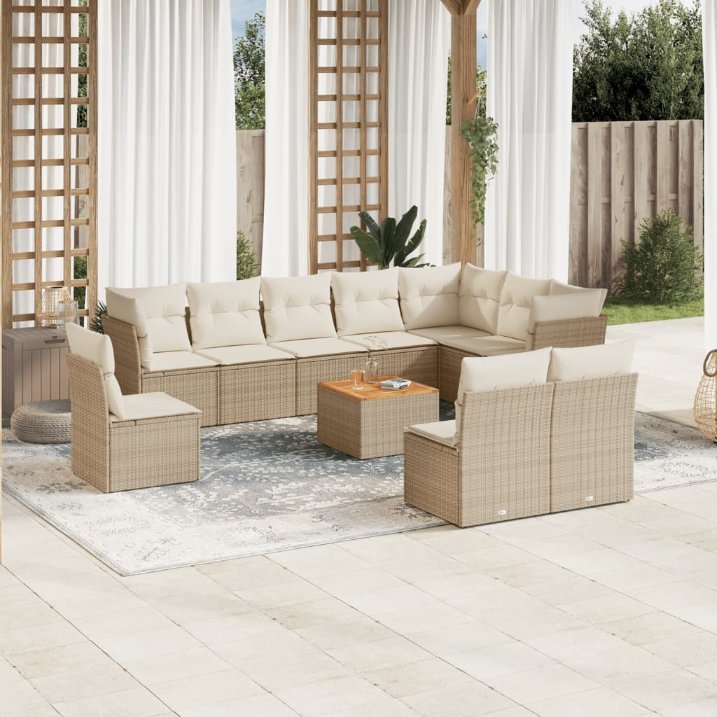 11-tlg. Garten-Sofagarnitur mit Kissen Schwarz Poly Rattan