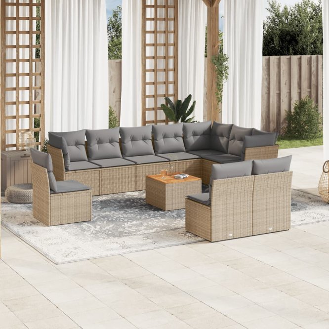 11-tlg. Garten-Sofagarnitur mit Kissen Schwarz Poly Rattan