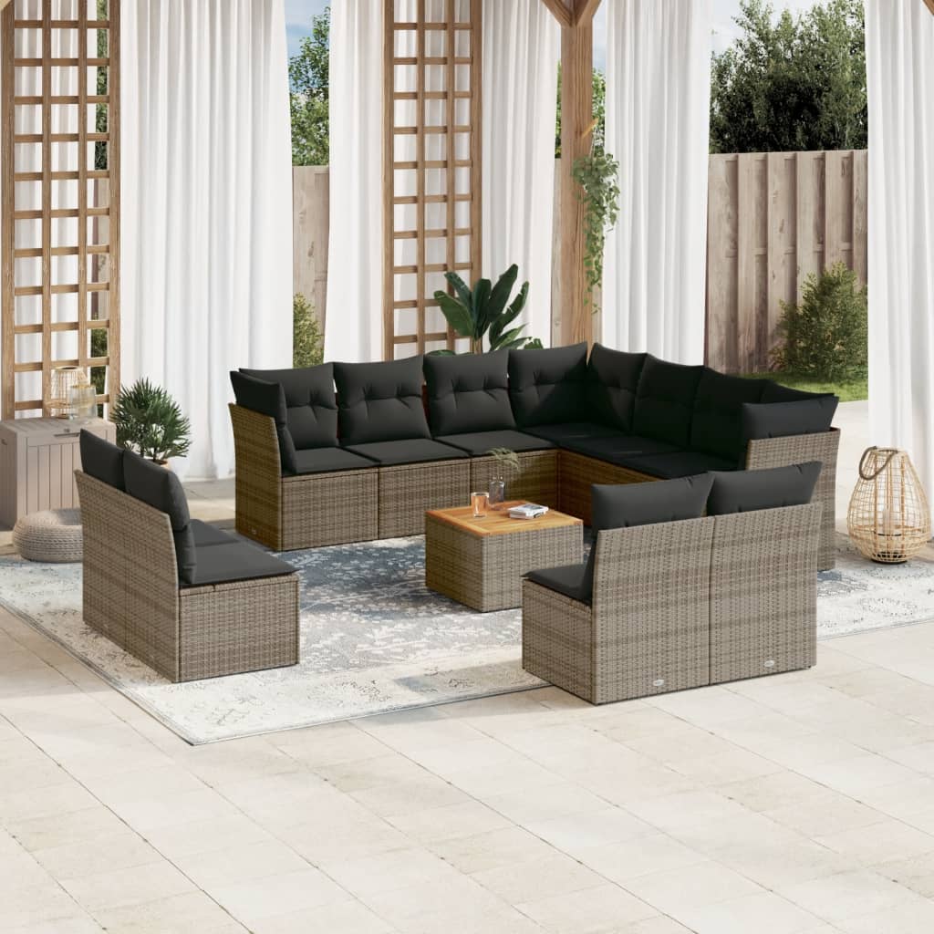 12-tlg. Garten-Sofagarnitur mit Kissen Schwarz Poly Rattan