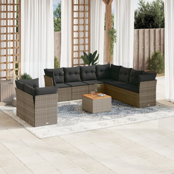 vidaXL 10-tlg. Garten-Sofagarnitur mit Kissen Schwarz Poly Rattan