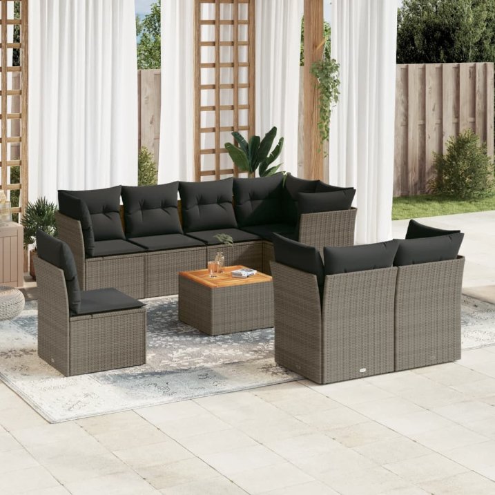 9-tlg. Garten-Sofagarnitur mit Kissen Schwarz Poly Rattan
