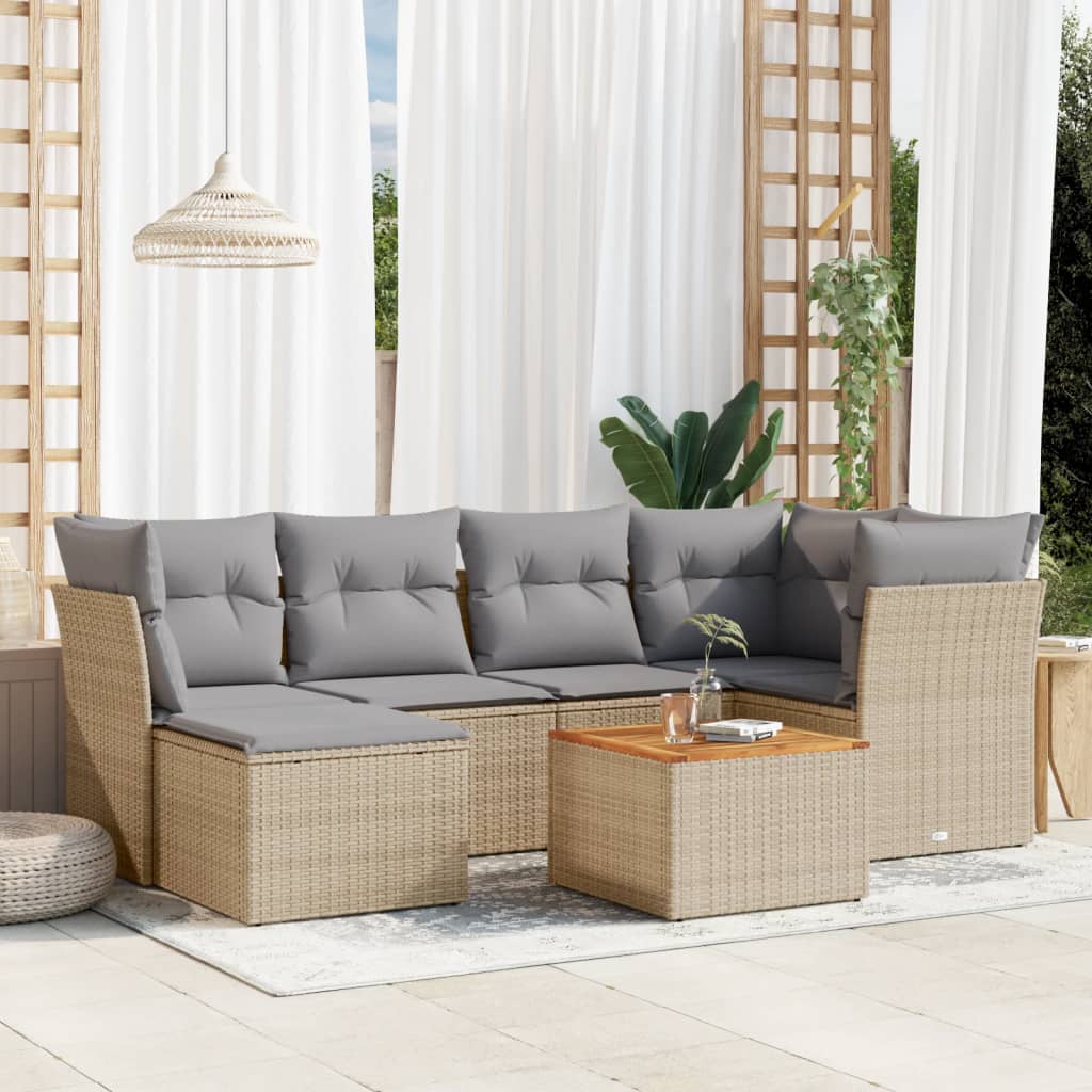 7-tlg. Garten-Sofagarnitur mit Kissen Schwarz Poly Rattan