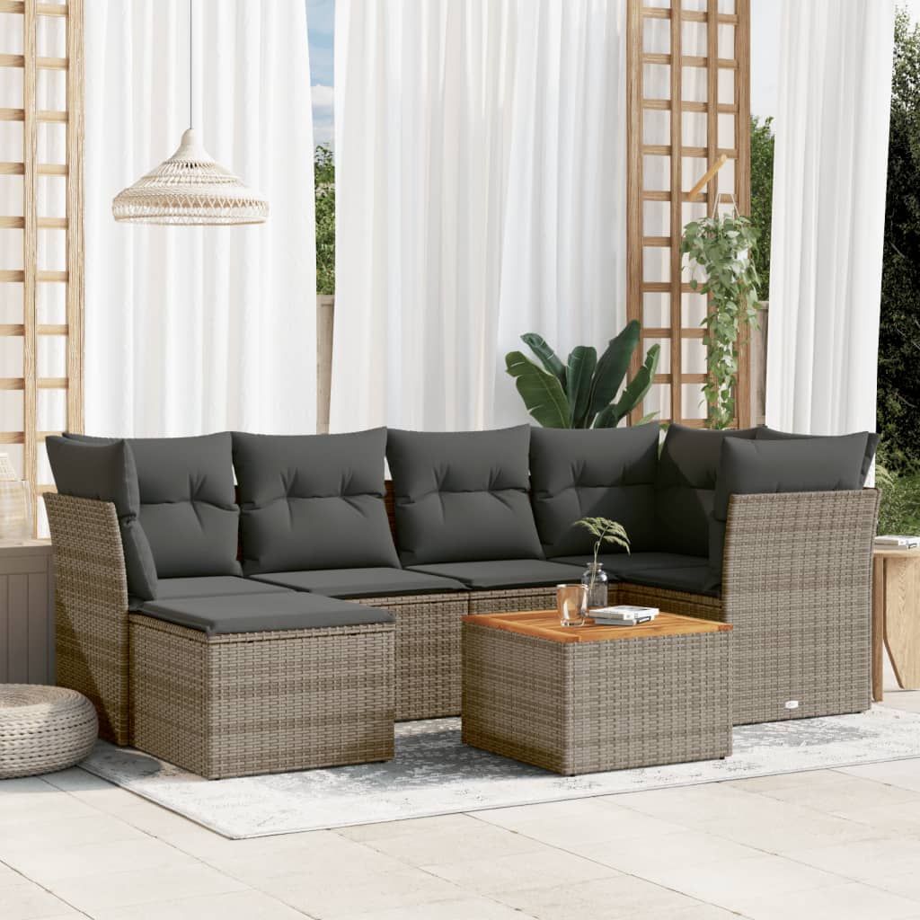 7-tlg. Garten-Sofagarnitur mit Kissen Schwarz Poly Rattan
