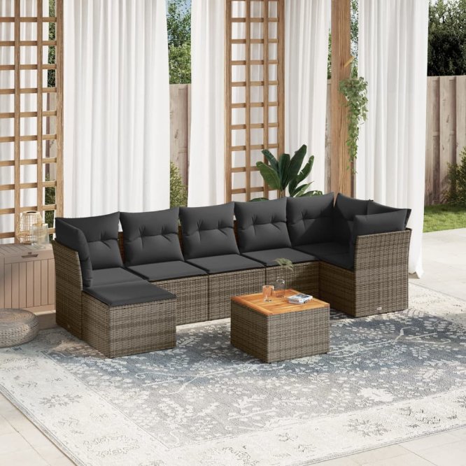 8-tlg. Garten-Sofagarnitur mit Kissen Schwarz Poly Rattan