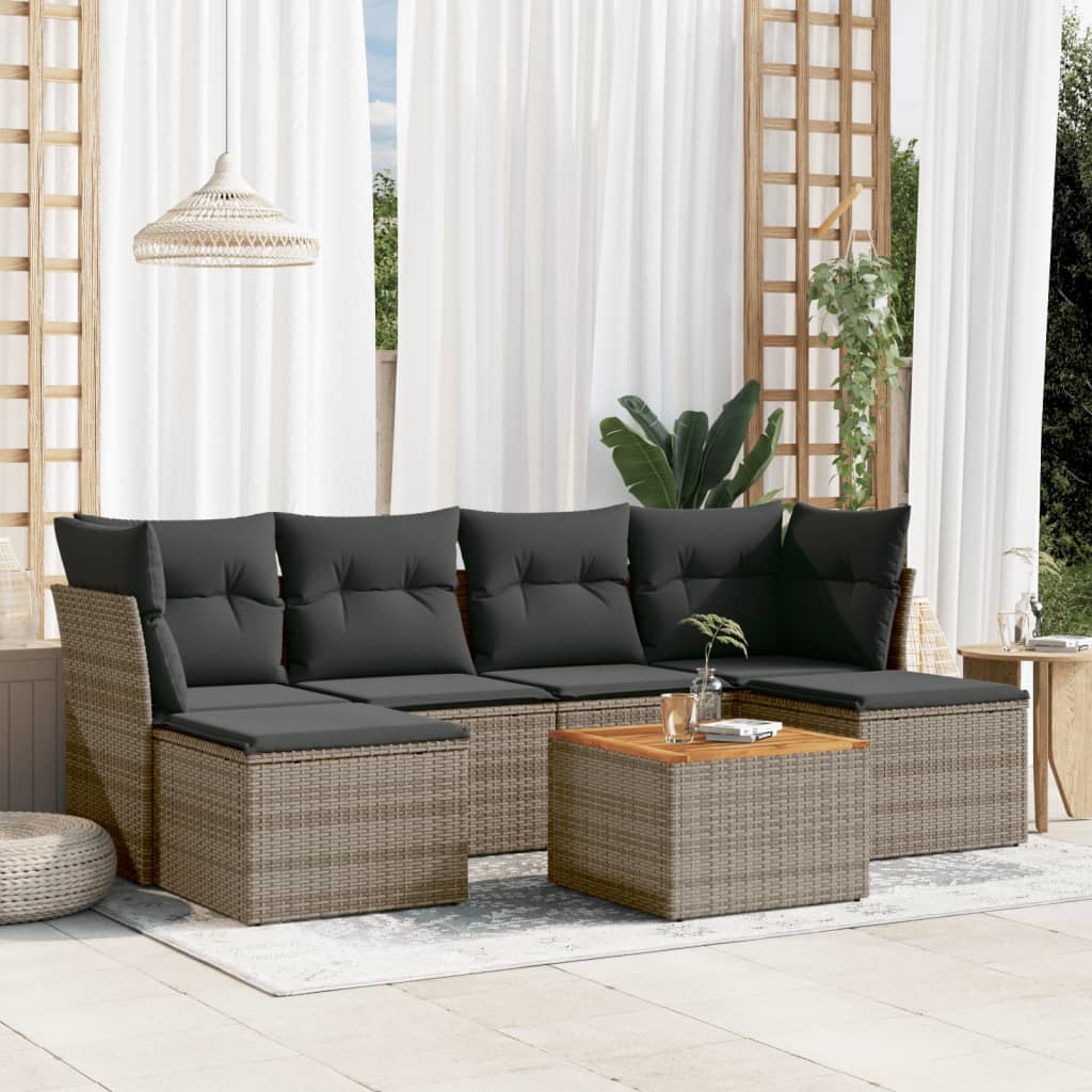 7-tlg. Garten-Sofagarnitur mit Kissen Schwarz Poly Rattan