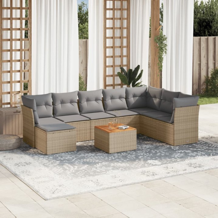 9-tlg. Garten-Sofagarnitur mit Kissen Schwarz Poly Rattan