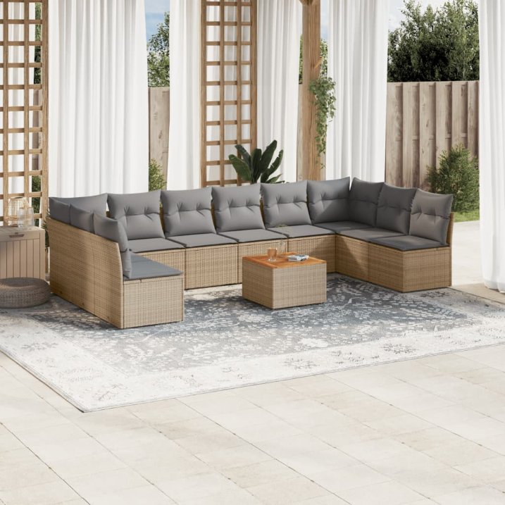 11-tlg. Garten-Sofagarnitur mit Kissen Schwarz Poly Rattan