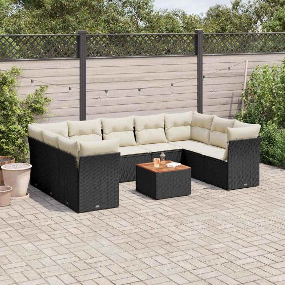 vidaXL 10-tlg. Garten-Sofagarnitur mit Kissen Schwarz Poly Rattan