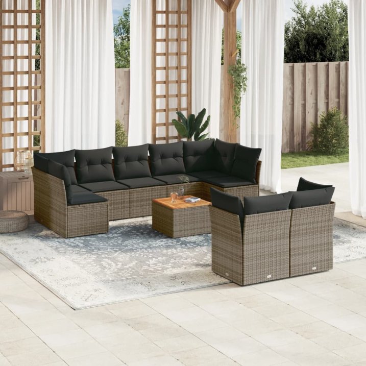 vidaXL 10-tlg. Garten-Sofagarnitur mit Kissen Schwarz Poly Rattan