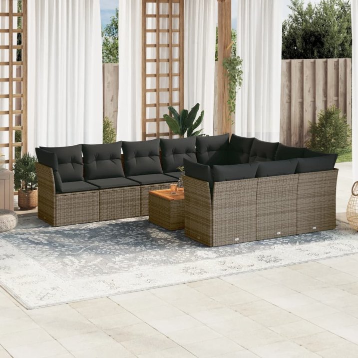 11-tlg. Garten-Sofagarnitur mit Kissen Schwarz Poly Rattan