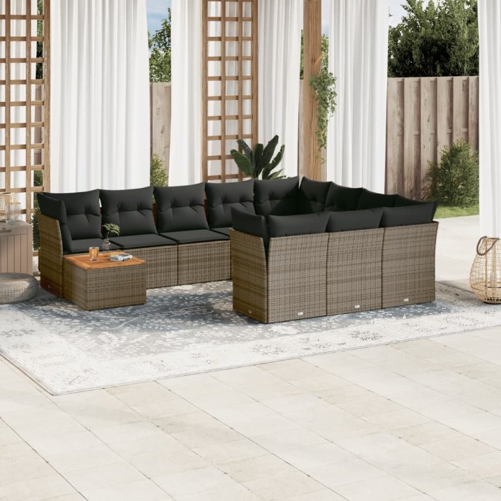 11-tlg. Garten-Sofagarnitur mit Kissen Schwarz Poly Rattan