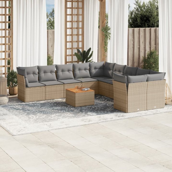 11-tlg. Garten-Sofagarnitur mit Kissen Schwarz Poly Rattan