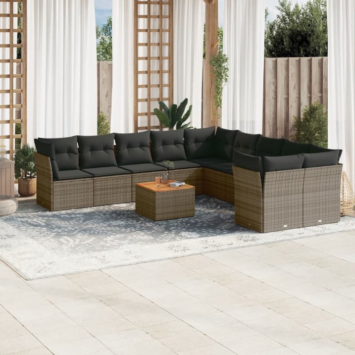 11-tlg. Garten-Sofagarnitur mit Kissen Schwarz Poly Rattan