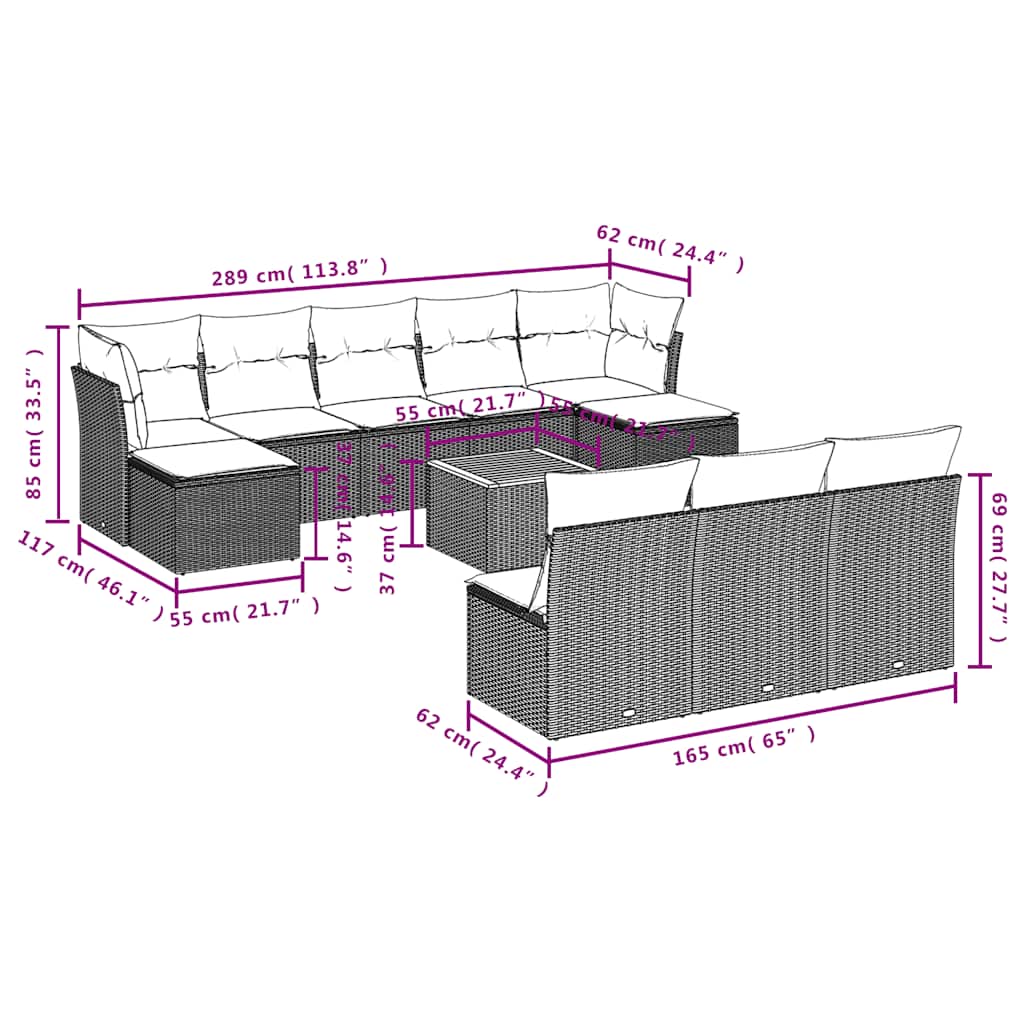 vidaXL 11-teiliges Gartensofa-Set mit Kissen, grau, Polyrattan