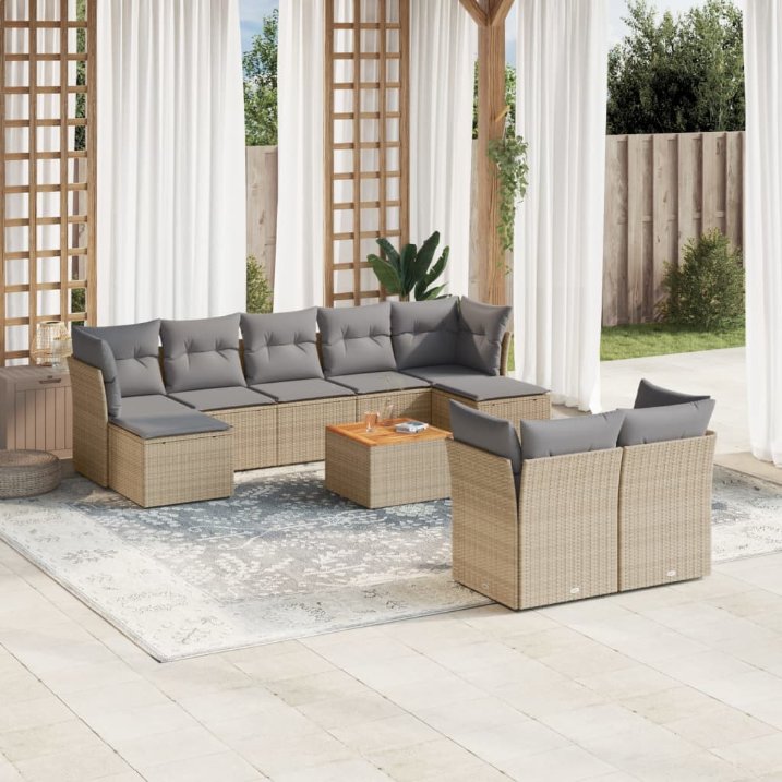 vidaXL 10-tlg. Garten-Sofagarnitur mit Kissen Schwarz Poly Rattan