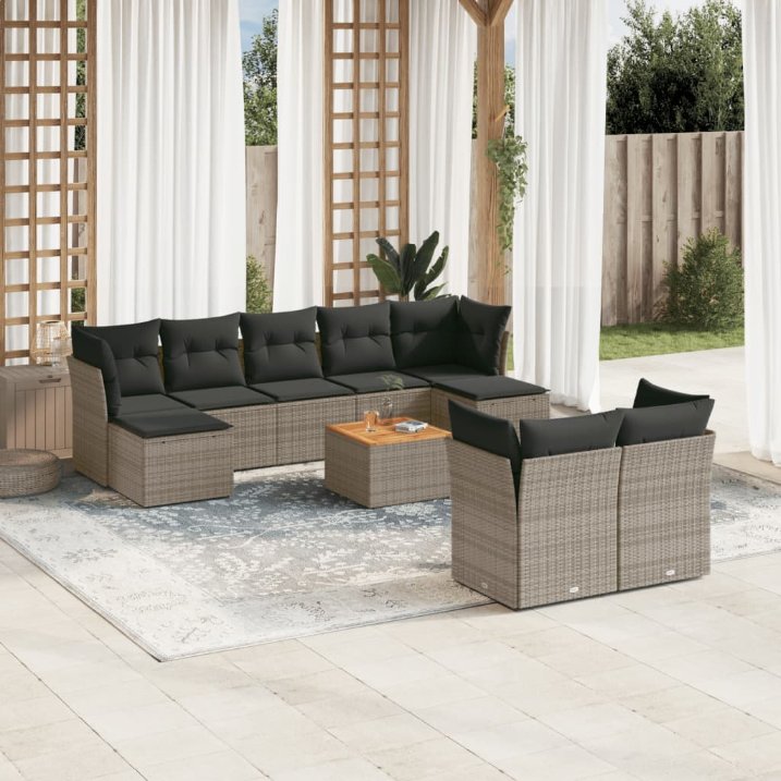 vidaXL 10-tlg. Garten-Sofagarnitur mit Kissen Schwarz Poly Rattan