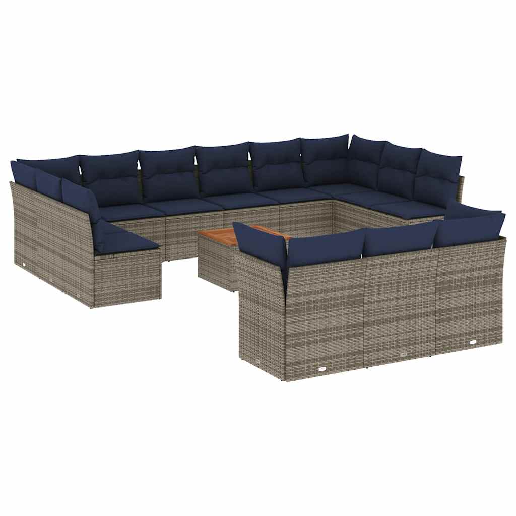 14-tlg. Garten-Sofagarnitur mit Kissen Grau Poly Rattan