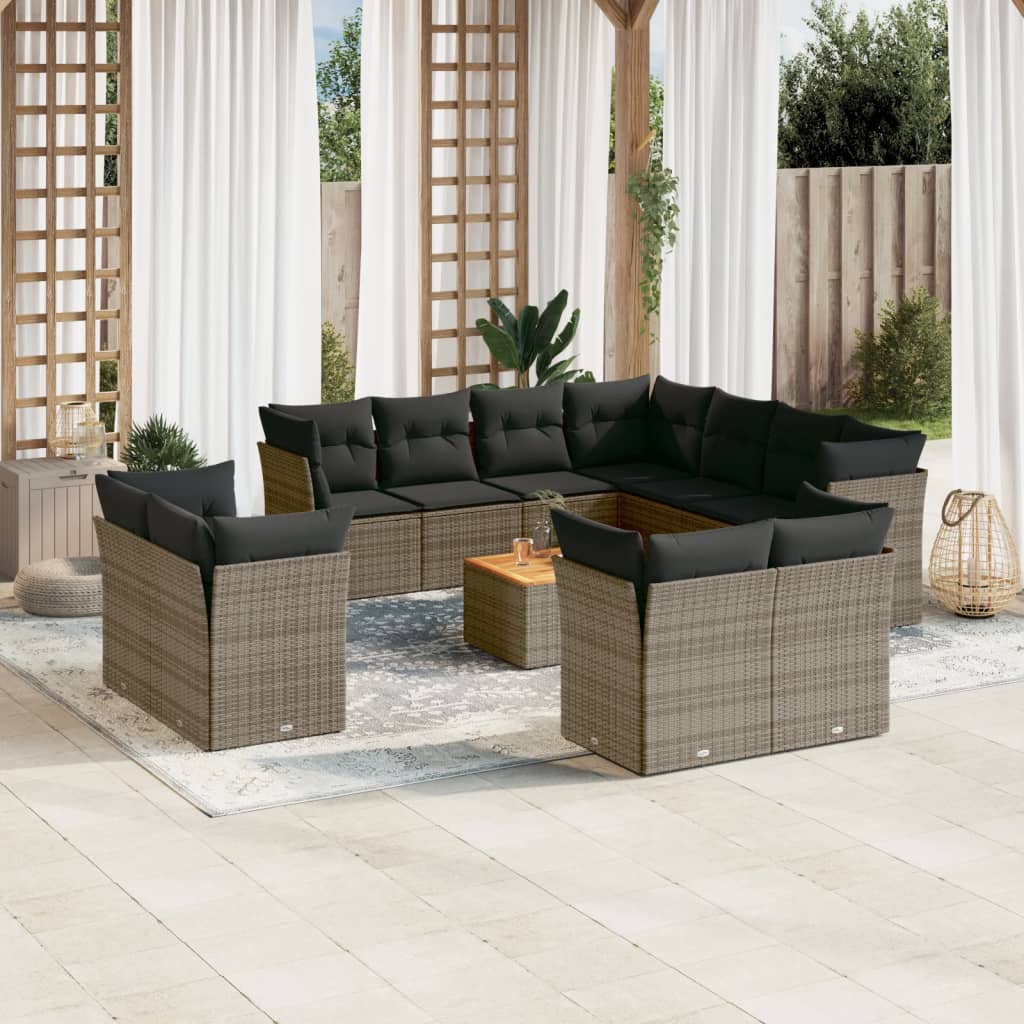 12-tlg. Garten-Sofagarnitur mit Kissen Schwarz Poly Rattan