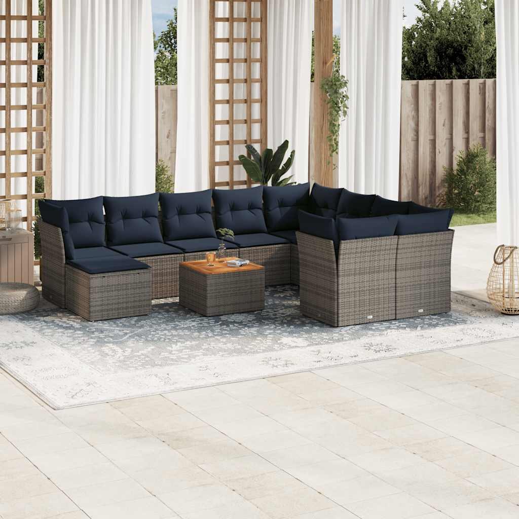 vidaXL 11-teiliges Gartensofa-Set mit Kissen, grau, Polyrattan