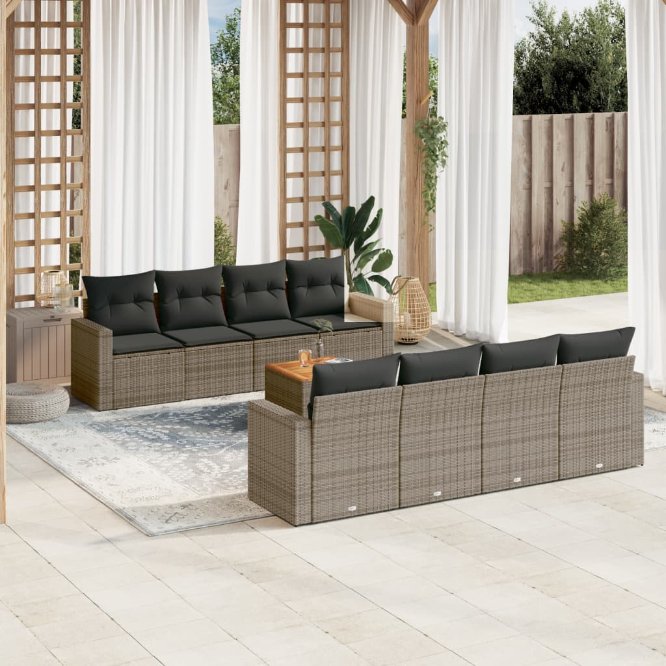 9-tlg. Garten-Sofagarnitur mit Kissen Schwarz Poly Rattan