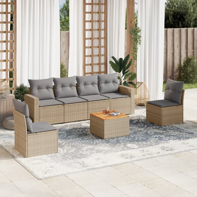 7-tlg. Garten-Sofagarnitur mit Kissen Schwarz Poly Rattan
