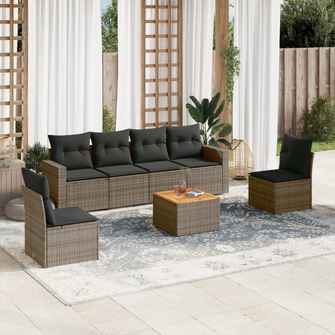 7-tlg. Garten-Sofagarnitur mit Kissen Schwarz Poly Rattan
