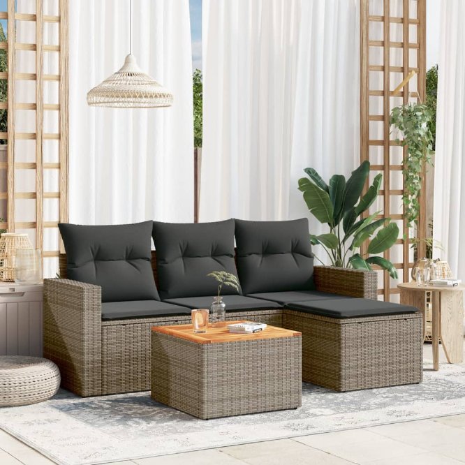 5-tlg. Garten-Sofagarnitur mit Kissen Schwarz Poly Rattan