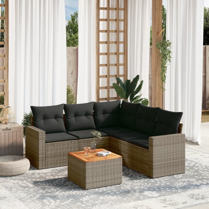 6-tlg. Garten-Sofagarnitur mit Kissen Schwarz Poly Rattan