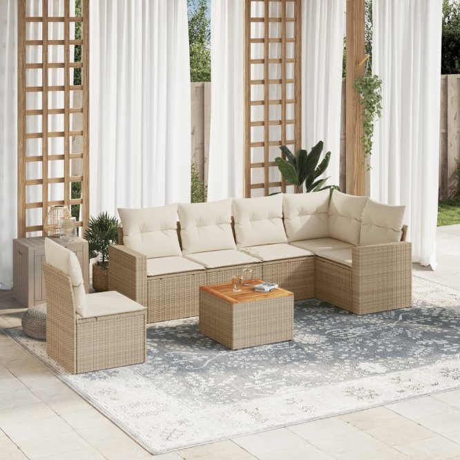 7-tlg. Garten-Sofagarnitur mit Kissen Schwarz Poly Rattan
