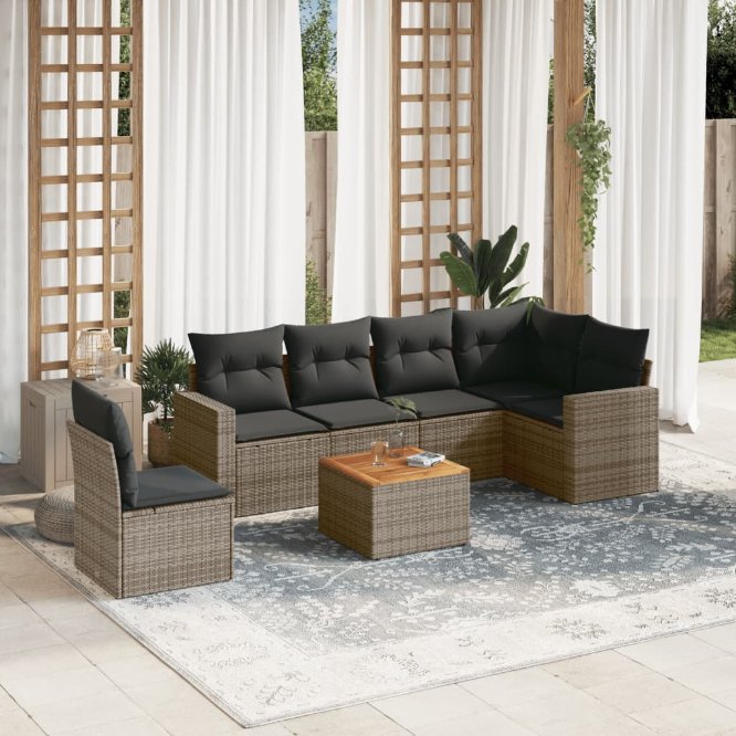 7-tlg. Garten-Sofagarnitur mit Kissen Schwarz Poly Rattan
