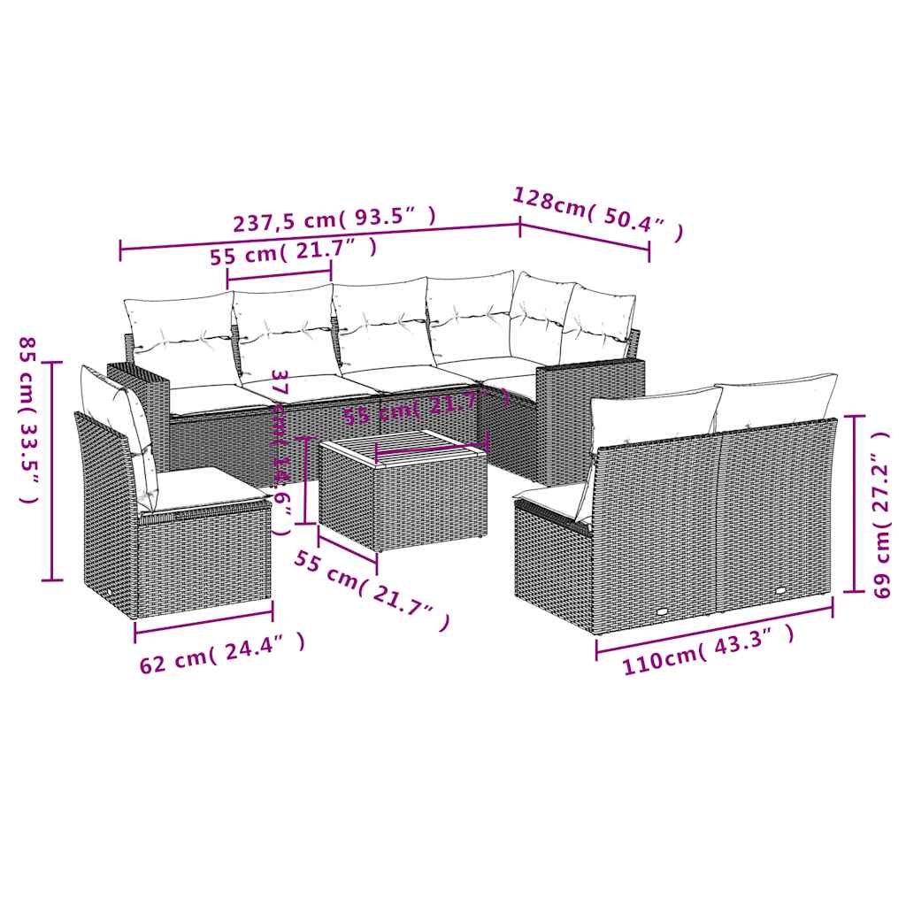 9-tlg. Garten-Sofagarnitur mit Kissen Grau Poly Rattan