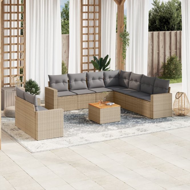 vidaXL 10-tlg. Garten-Sofagarnitur mit Kissen Schwarz Poly Rattan