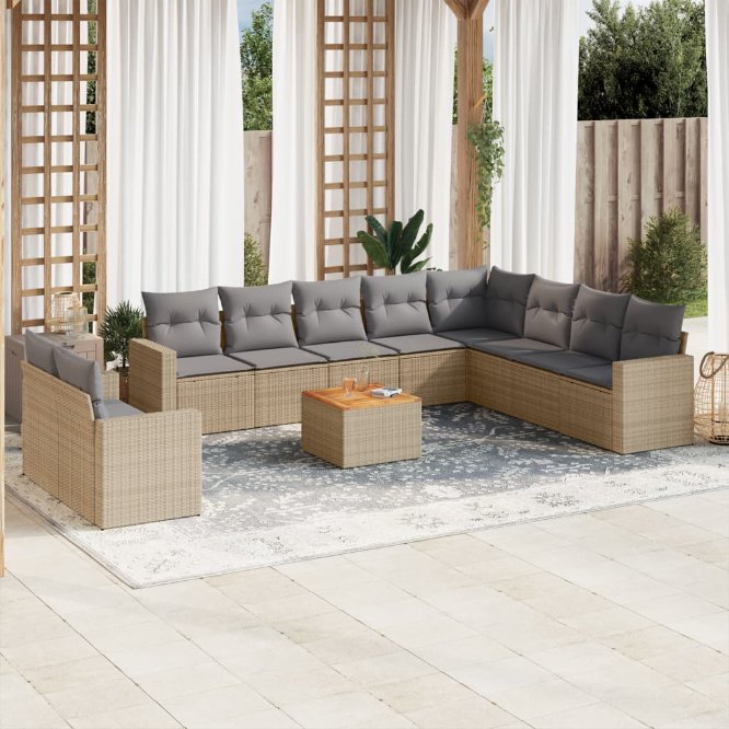 11-tlg. Garten-Sofagarnitur mit Kissen Schwarz Poly Rattan