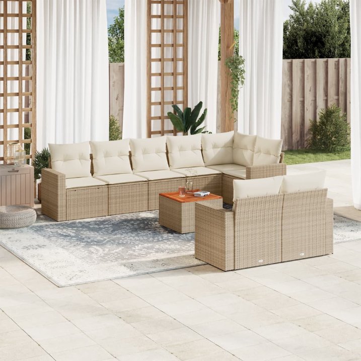 9-tlg. Garten-Sofagarnitur mit Kissen Schwarz Poly Rattan