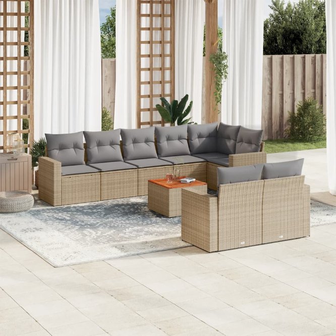 9-tlg. Garten-Sofagarnitur mit Kissen Schwarz Poly Rattan