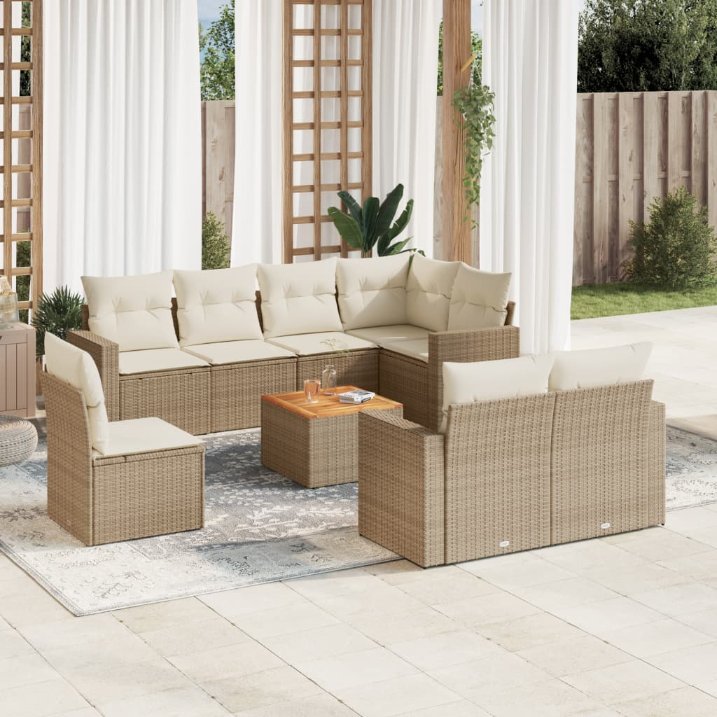 9-tlg. Garten-Sofagarnitur mit Kissen Schwarz Poly Rattan