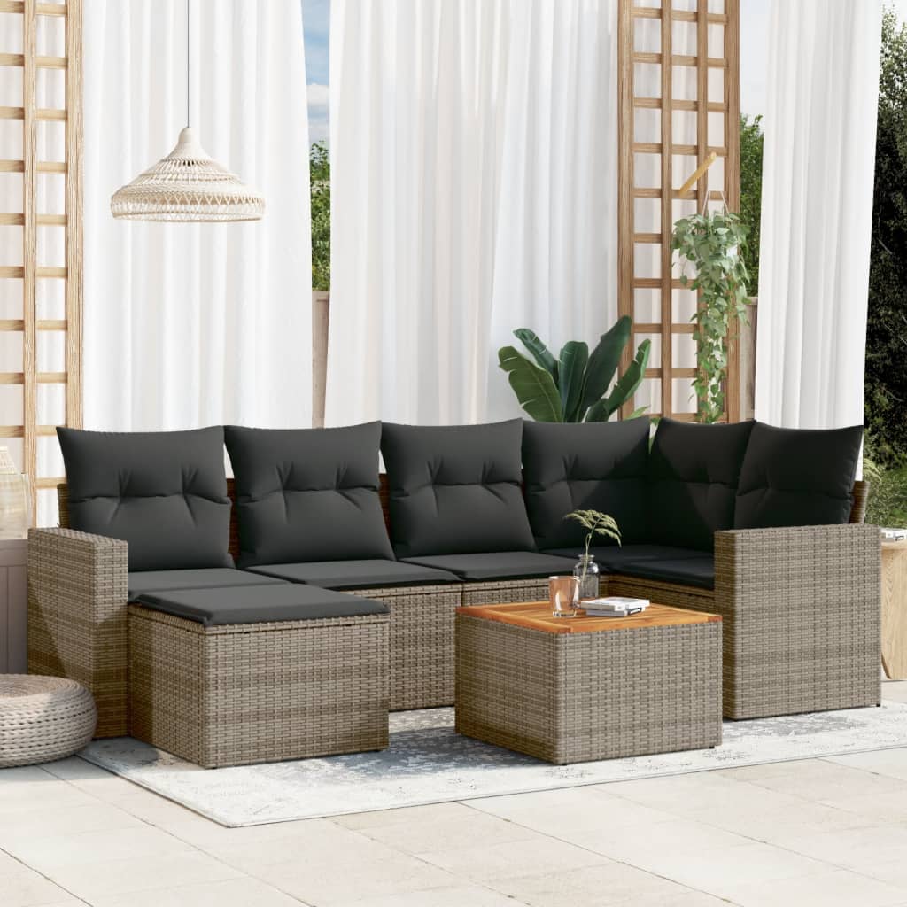 7-tlg. Garten-Sofagarnitur mit Kissen Schwarz Poly Rattan
