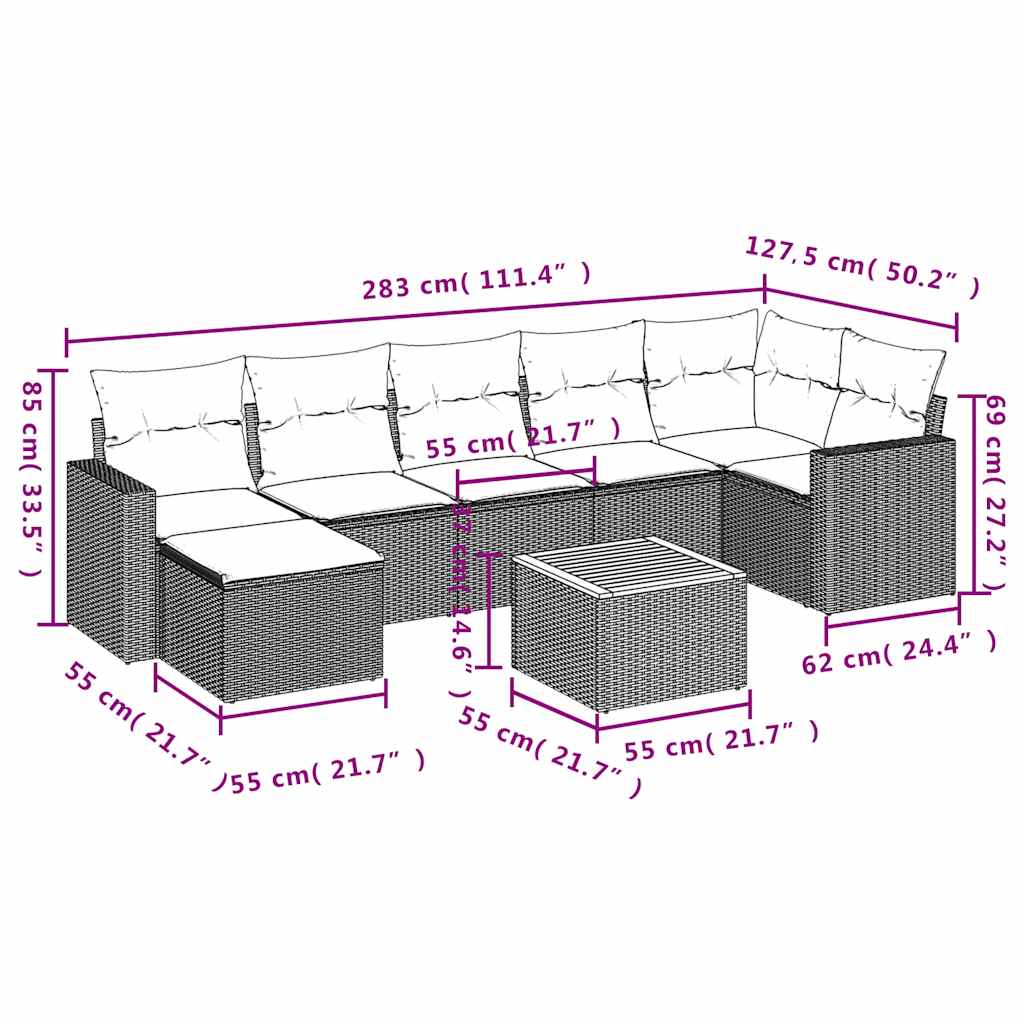 8-teiliges Gartensofa-Set mit Kissen, grau, Polyrattan
