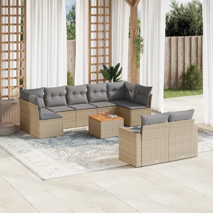 vidaXL 10-tlg. Garten-Sofagarnitur mit Kissen Schwarz Poly Rattan