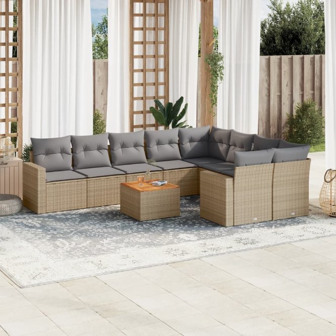 vidaXL 10-tlg. Garten-Sofagarnitur mit Kissen Schwarz Poly Rattan
