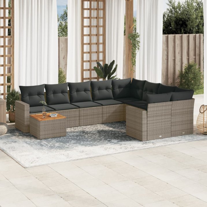 vidaXL 10-tlg. Garten-Sofagarnitur mit Kissen Schwarz Poly Rattan