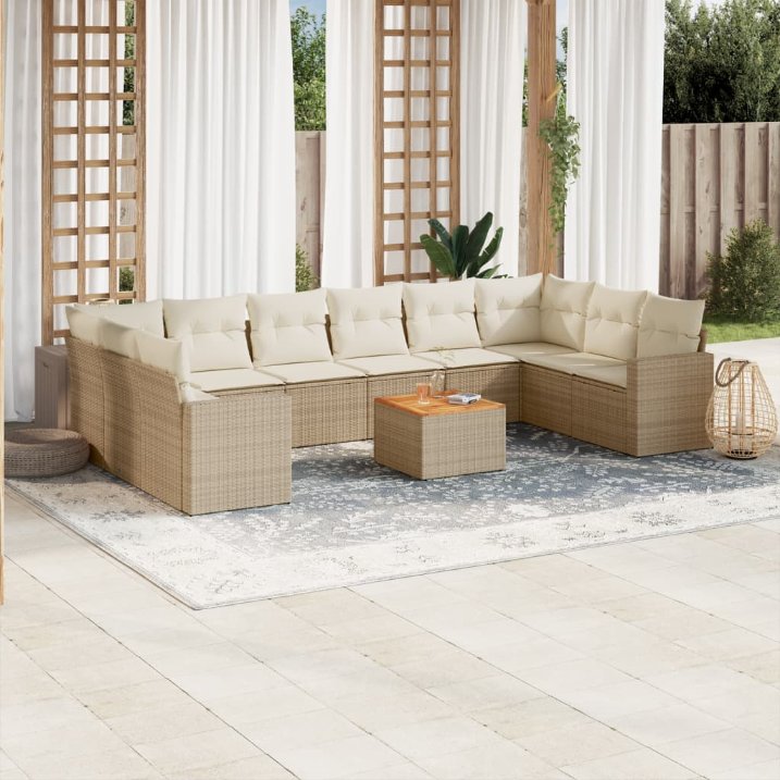 11-tlg. Garten-Sofagarnitur mit Kissen Schwarz Poly Rattan