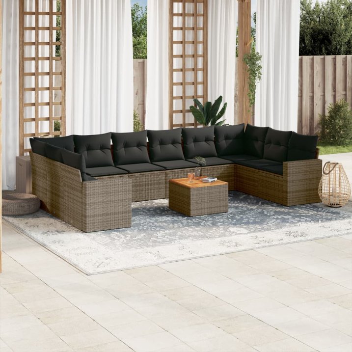11-tlg. Garten-Sofagarnitur mit Kissen Schwarz Poly Rattan