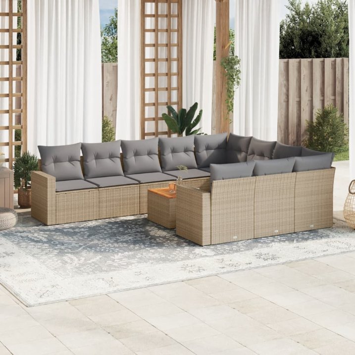 11-tlg. Garten-Sofagarnitur mit Kissen Schwarz Poly Rattan